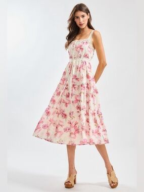 Camellia Pink Floral Lace-Trim Midi Dress